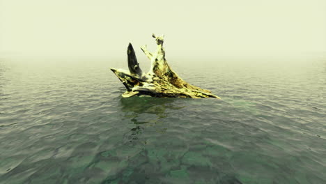 mysterious rock formation emerges from calm waters in misty atmosphere