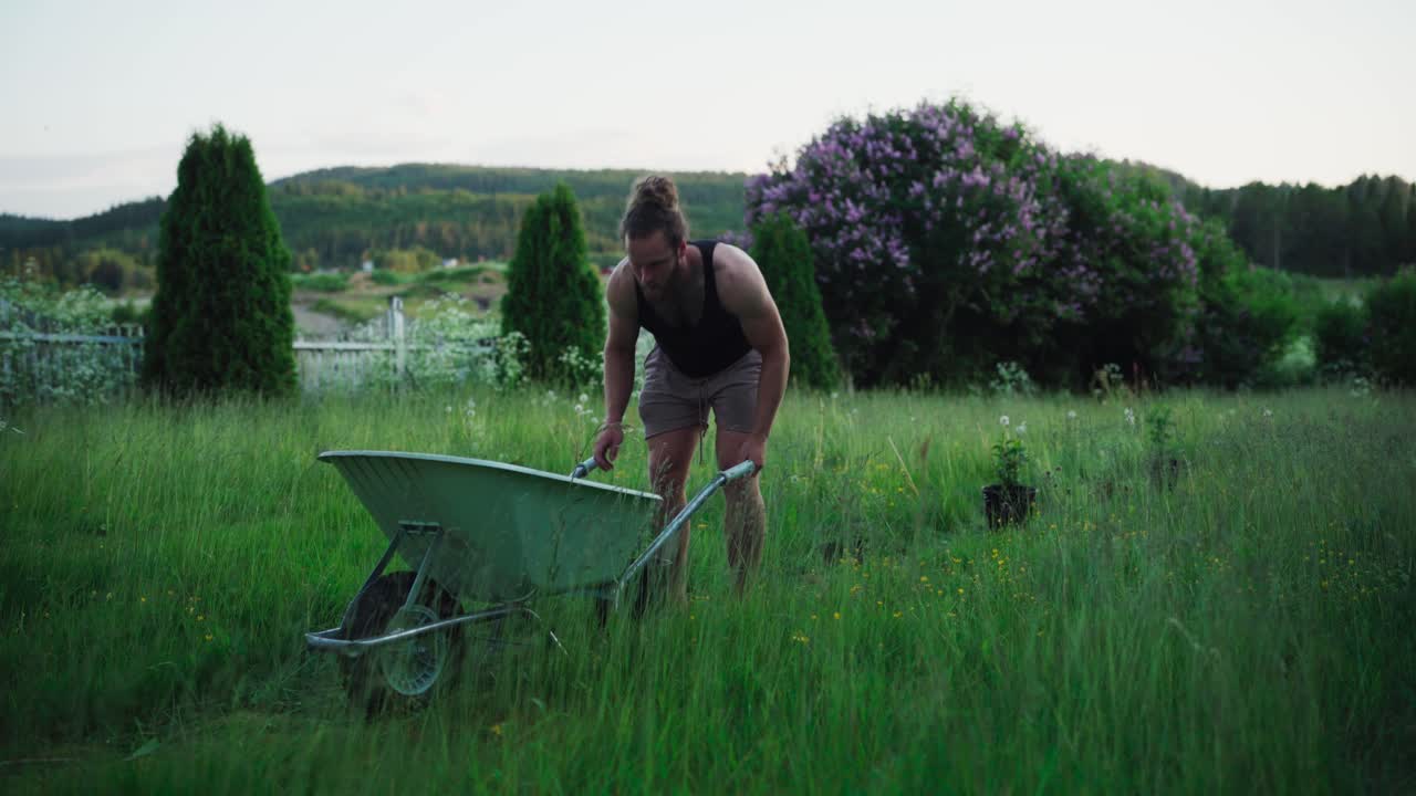 Adult Guy With Wheelbarrow Placing Potted Plants In The Path Over Lawn Yard