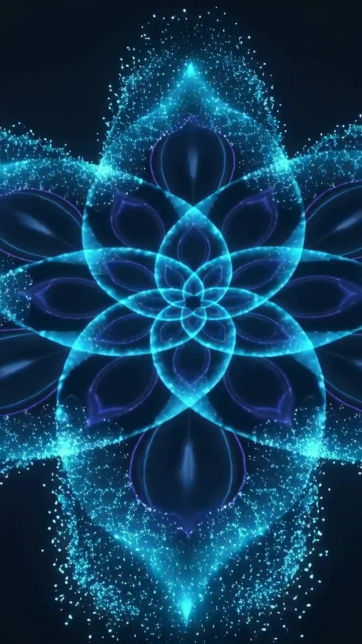 Video verticale: Stella centrale pulsante che sprigiona una mandala a petali che si dispiega nel vuoto cosmico, spruzzando polvere.