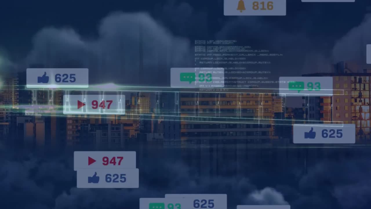 Animation of media icons and data processing over cityscape