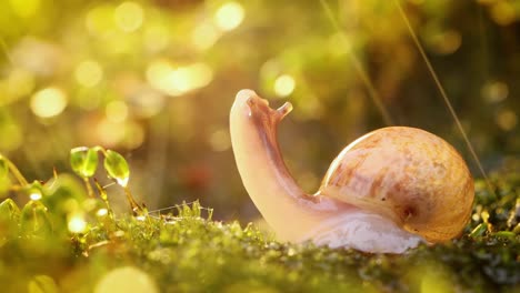 close-up wildlife of a snail in heavy rain in the sunset sunlight.