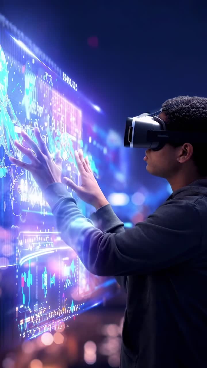 Sidevinkel af en person der bruger VR med futuristiske holografiske skærme, som en sci-fi video.