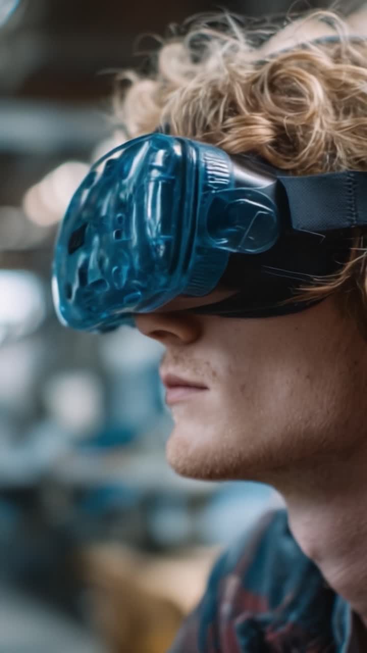 Esplorazione delle realtà virtuali: un primo piano di un giovane individuo immerso in un mondo di immaginazione con tecnologia VR avanzata.