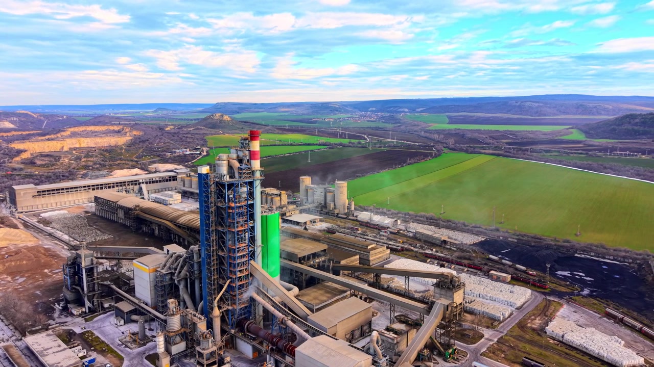 Cement factory with tall chimney and kiln in valley landscape. Large industrial complex with red white striped stack, blue steel structure and green tank surrounded by fields and hills.