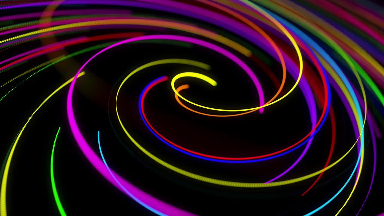 4k에서 세련된 창의적인 추상적인 배경: 회전하는 경로를 따라 회전하는 나선형으로 회전하는 색의 선; 모션 디자인: 선, 나선형 및 추상적인 구조를 형성하는 입자의 bg; 3d 렌더링