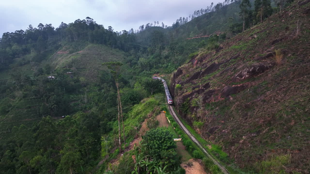 Aerial view tracking a train on a scenic railway in the rainforests of Sri Lanka