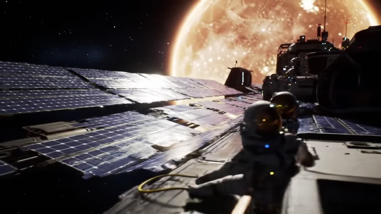 Exploring the Wonders of Space: A Journey Through Solar Panels and Astronauts Beneath a Radiant Star in a Distant Galaxy