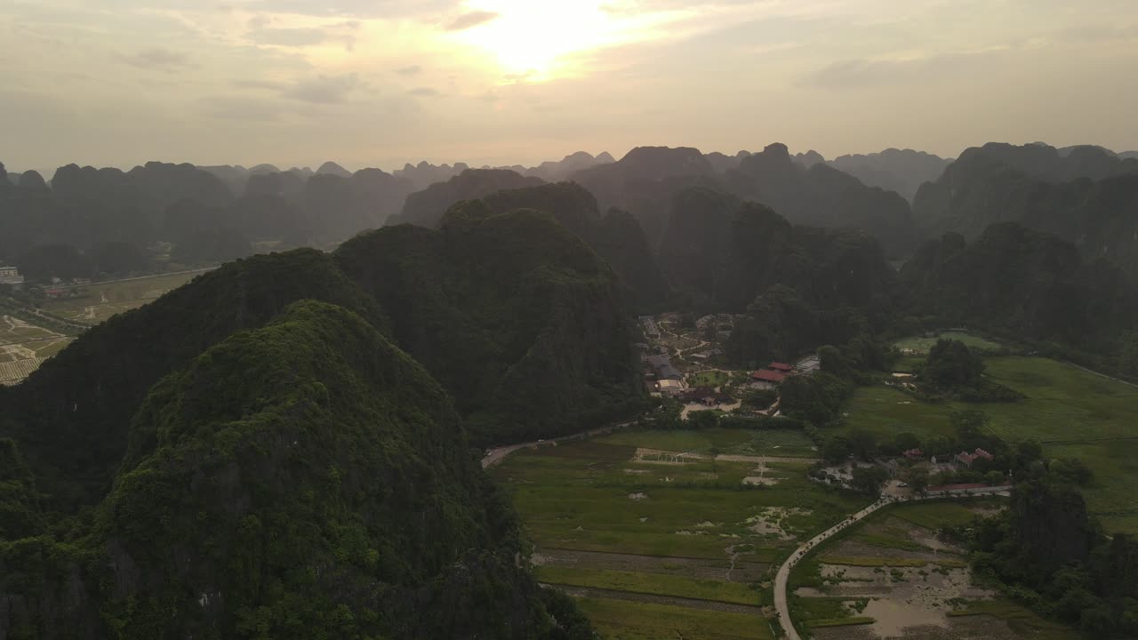 Sunset Vietnam nature landscape aerial drone Ninh Binh province Trang An scenic landscape