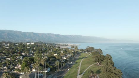 rising aerial of santa barbara, california during sunset as seen from shoreline park