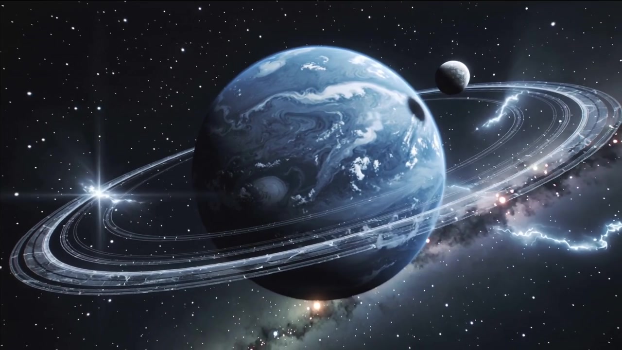 Un sistema di anelli emette archi di fulmini dopo un bagliore localizzato nello spazio, rivelando un pianeta blu e una luna.