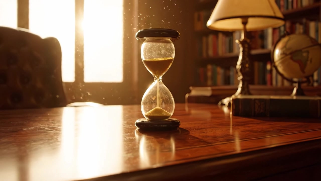 An Enigmatic Hourglass Capturing Time's Essence with Glimmers of Sunlight in a Cozy Library Setting Full of Books and Softly Lit by a Gentle Lamp