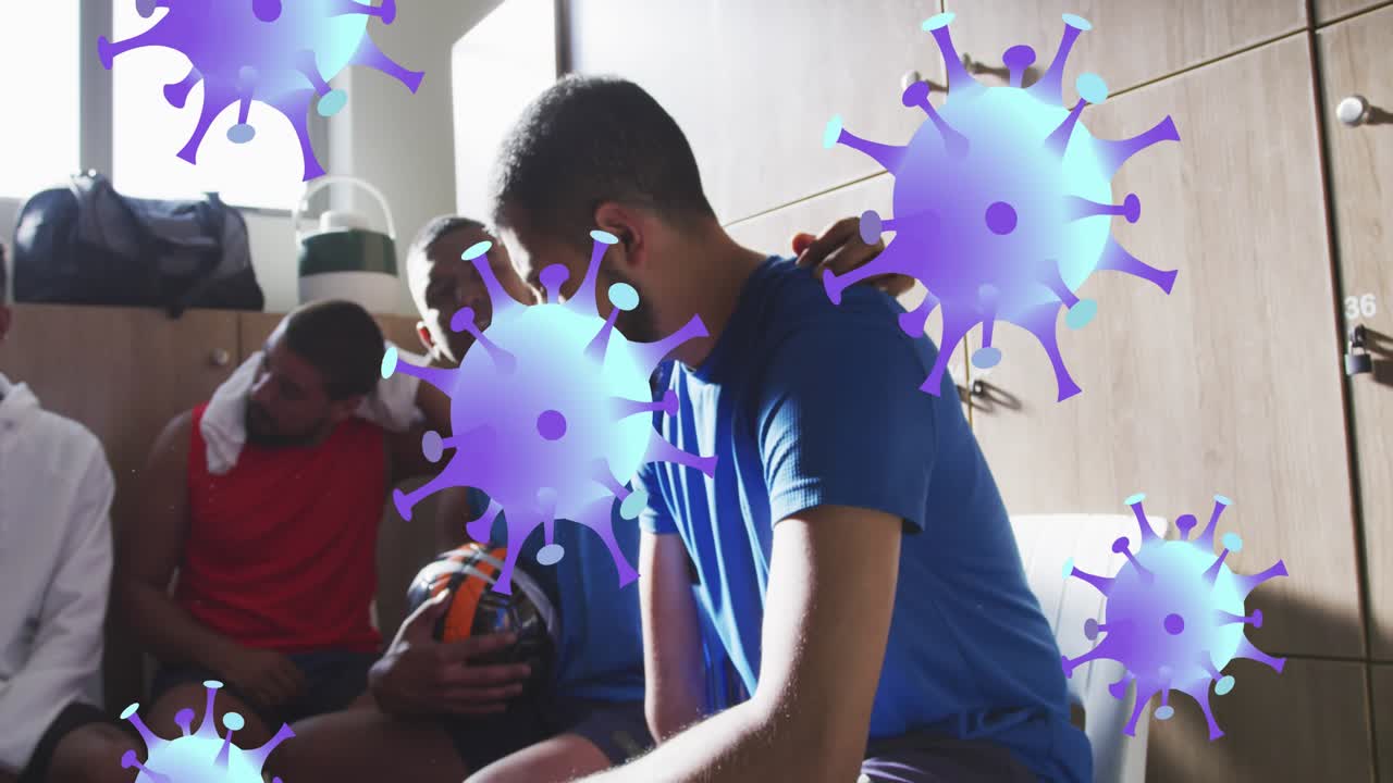 Animation of confetti falling over diverse children with birthday cake at birthday party