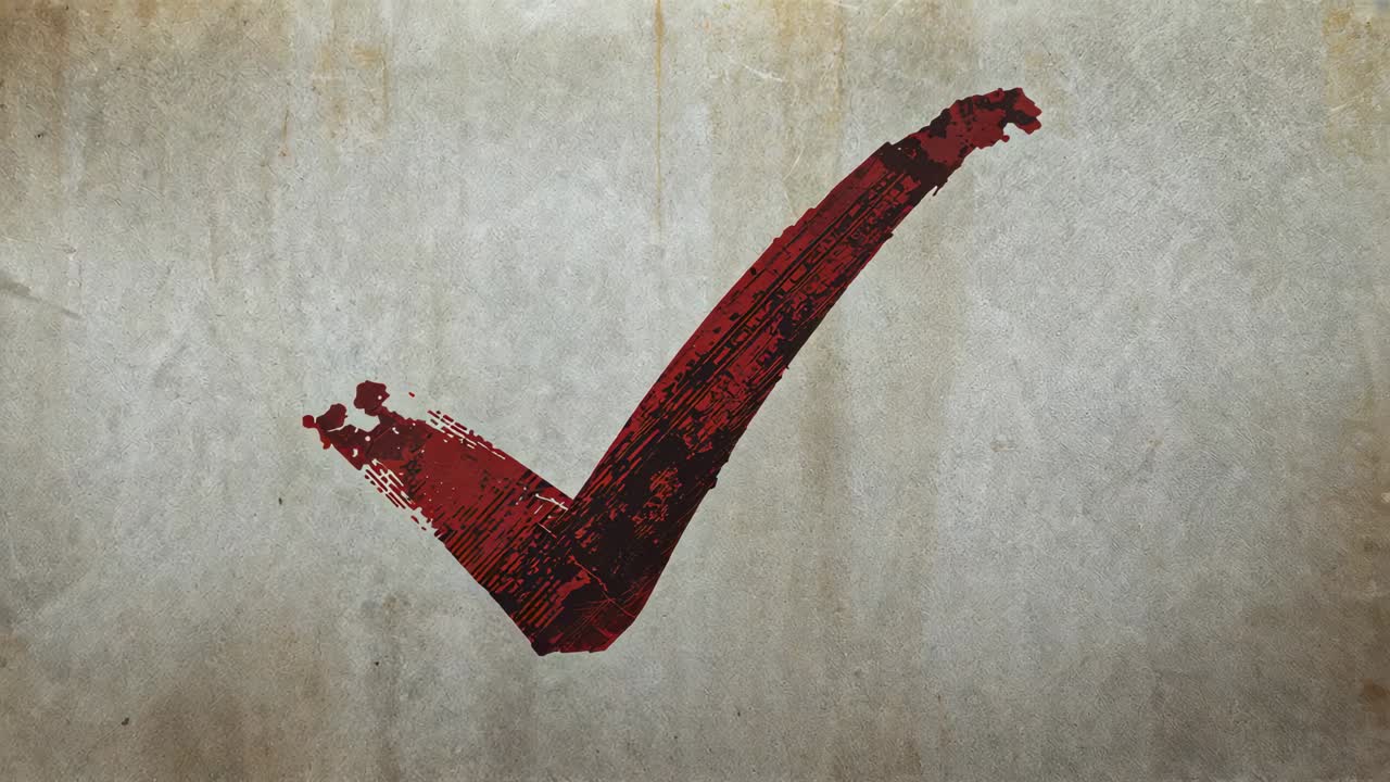 Starting frame sequence intensifying worn red check mark spreading red wash across parchment crease