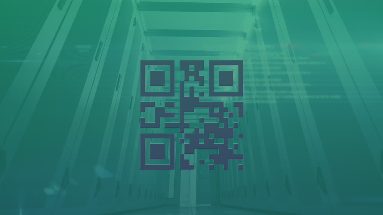 animación del escáner de código qr de neón y procesamiento de datos contra la sala de servidores de computadora