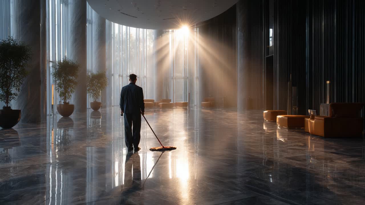 A solitary figure mops a pristine marble floor in a spacious, sunlit lobby, creating a serene atmosphere with sweeping beams of light filtering through large windows