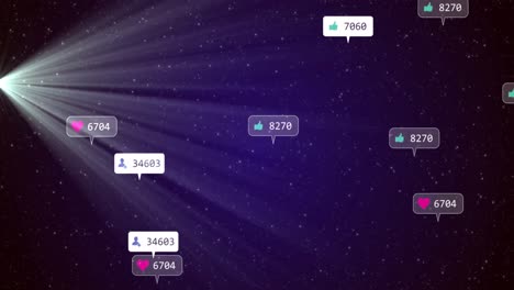 animación de iconos y números de redes sociales en banderas blancas y grises sobre estrellas en un cielo púrpura