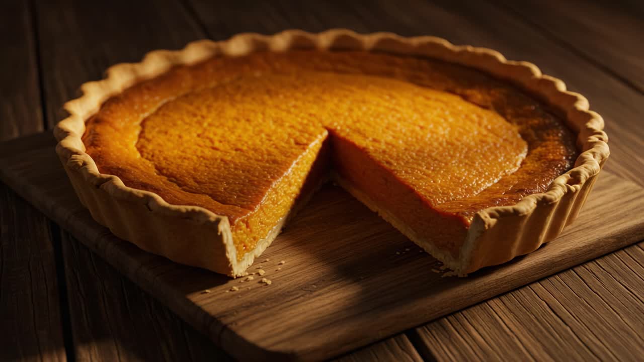 Delicious Golden Pumpkin Pie on Wooden Board with Perfect Slice Cut Out, Capturing the Rich Texture and Warm Color in Soft Lighting