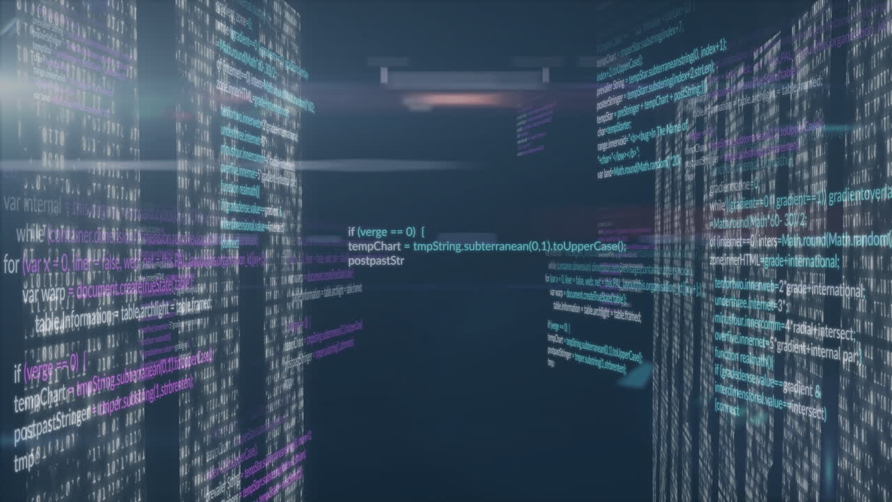 Animation of digital code streams flowing through futuristic virtual data corridor