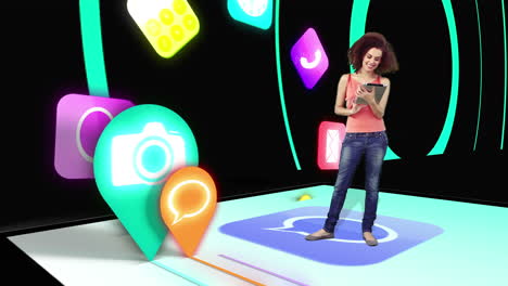 niña caminando y usando una tableta con iconos de aplicaciones holográficas en fondo negro