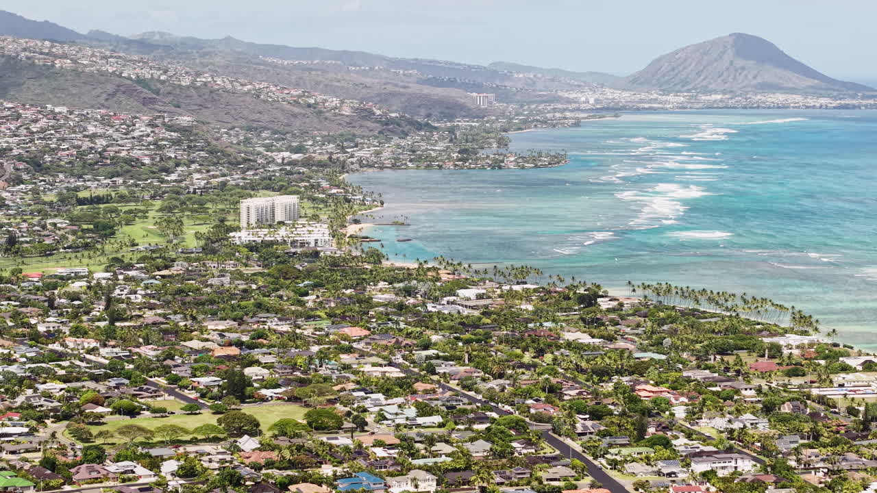 Honolulu, Hawaii USA. Aerial View of Kahala Residential Neighborhood, Houses and Streets Along Pacific Ocean