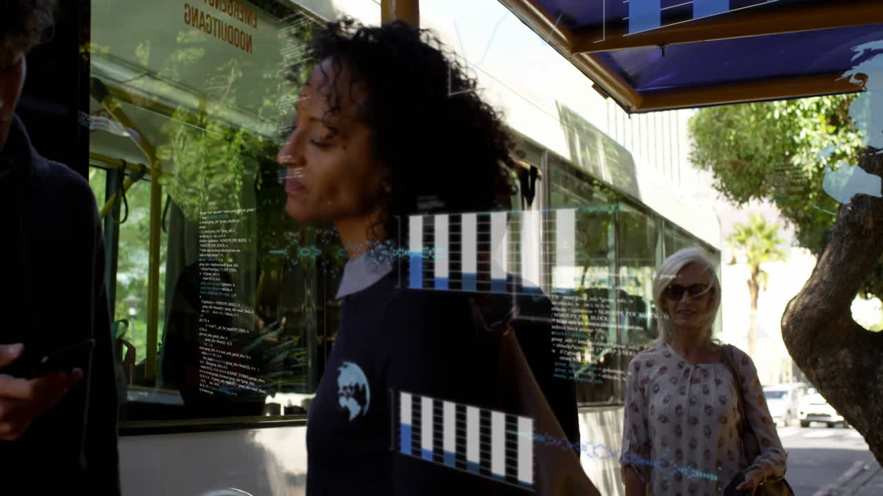 Animation of graphs, globes and computer language, diverse friends talking at bus stop