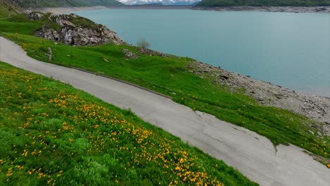 Vista-Aérea-Que-Muestra-El-Lago-Mont-Cenis-Rodeado-De-Exuberantes-Colinas-Verdes-Y-Lejanas-Montañas-Nevadas-Bajo-Un-Cielo-Despejado