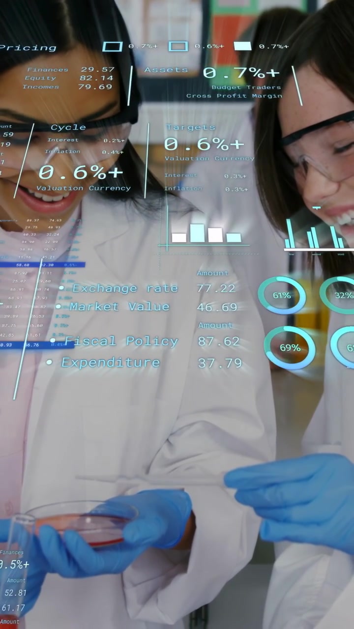 Vertical video: Duo examining petri dish in lab, pipette touch causing overlays to shift for study