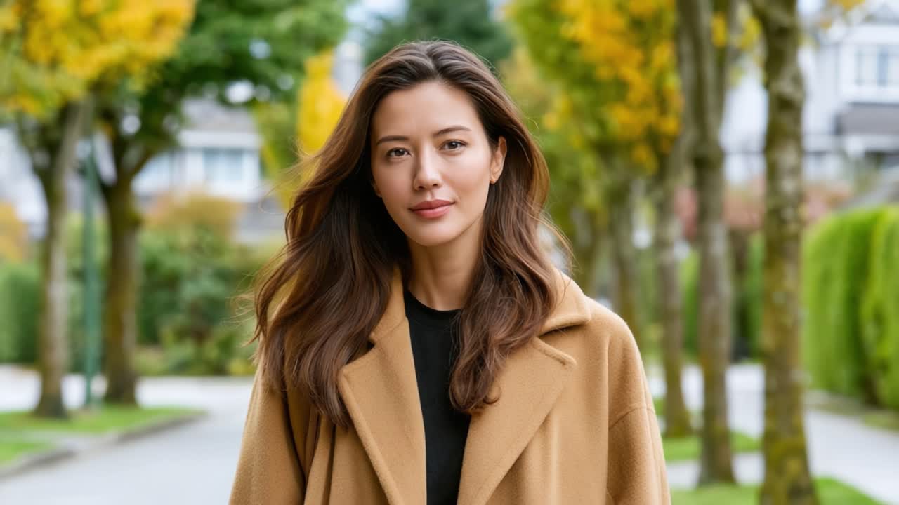 아름다운 가을 공원을 산책하는 세련된 여성, 활기찬 나무와 경치 좋은 길로 둘러싸인 편안한 분위기