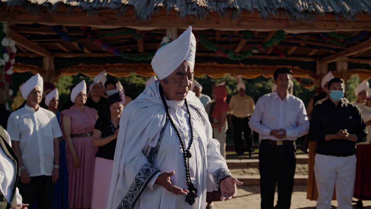 Elderly religious leader in a white turban and robe, wearing a black beaded necklace, leading prayer during Kurban Bayram sacrifice ceremony with devoted followers