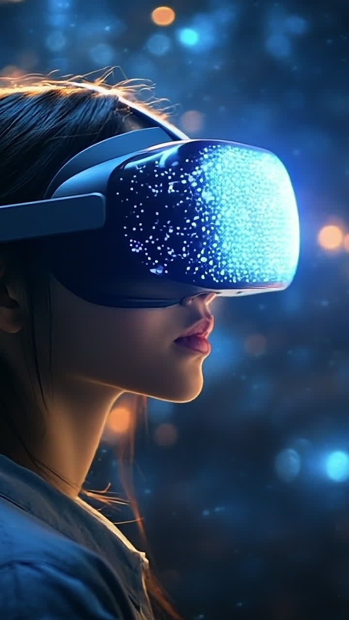 VR adventure in the dark. A young woman with a VR headset interacts with immersive tech in a dimly lit, colorful space.