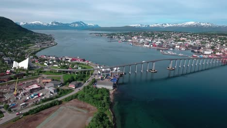 Bridge-of-city-Tromso,-Norway-Aerial-footage