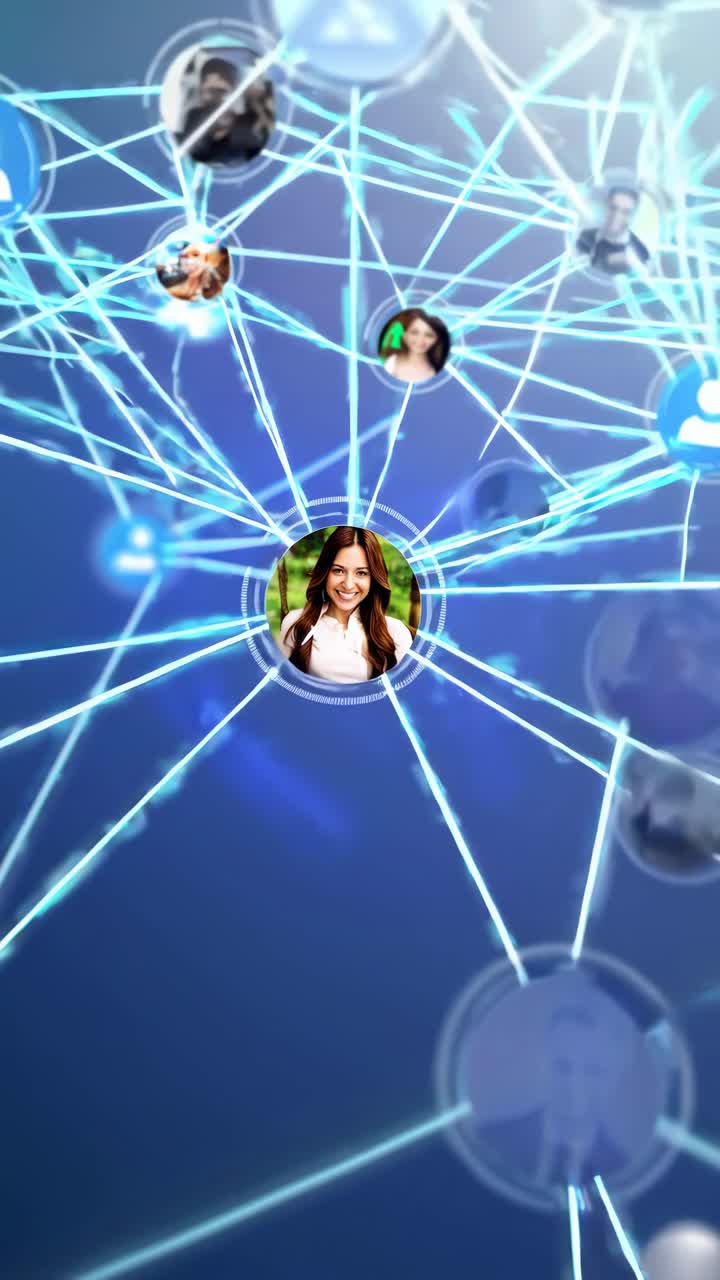 Dynamic video concept showing a digital network of connected profiles, captured from a high-angle