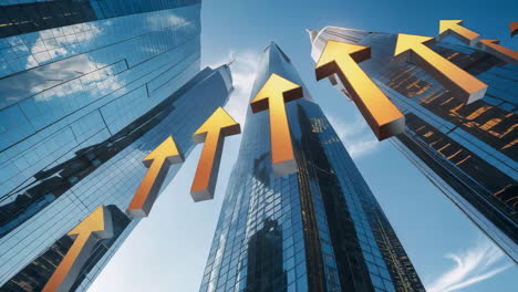 business growth and financial success represented by upward arrows amidst skyscrapers