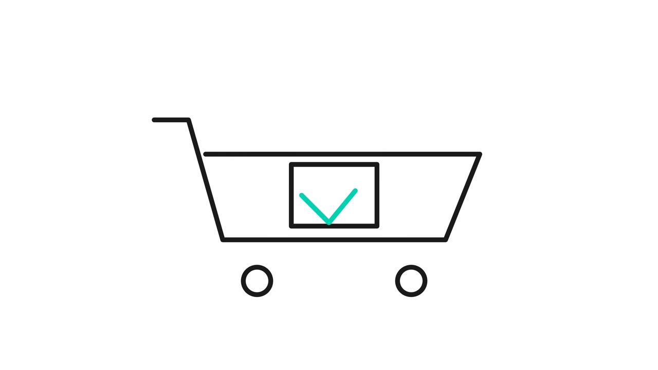 Animiertes Einkaufswagen-Symbol mit Häkchen-Bestätigung