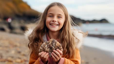 happy child discovering a seashell on the beach during a cloudy autumn day, wearing a cozy orange coat and radiating joy with a bright smile. enjoying nature's treasures