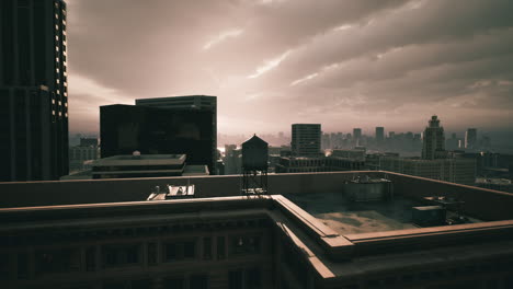 golden hour skyline view from a rooftop overlooking a bustling cityscape