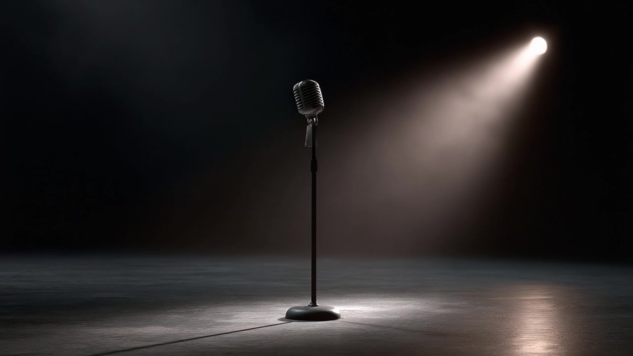 Un riflettore sulla creatività: un microfono solitario sul palco illuminato da luci drammatiche, che simboleggia arte, espressione e performance in un ambiente intimo.