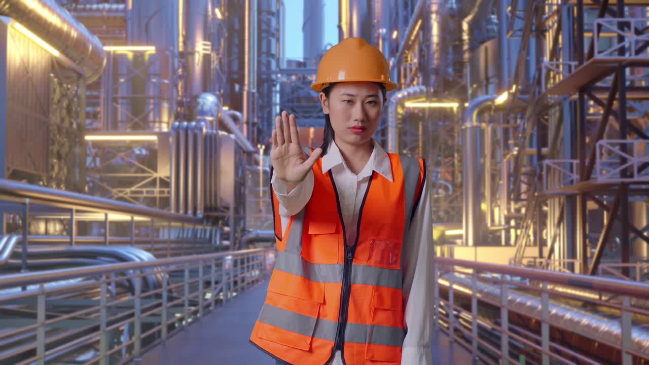 Asian Female Engineer With Safety Helmet Disapproving With No Hand Sign While Standing At A Vast Oil Refinery
