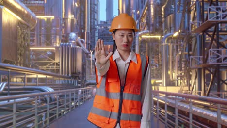 asian female engineer with safety helmet disapproving with no hand sign while standing at a vast oil refinery