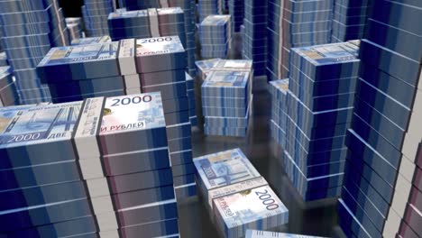 vuelo 3d sobre el rublo ruso dinero paquetes de billetes animación de bucle