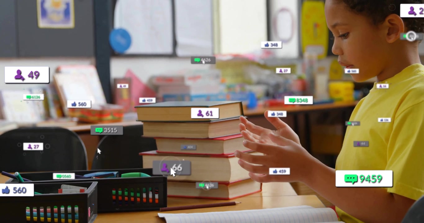 Boy in yellow shirt tapping fingers at desk, updating floating user chat-bubble counts in education