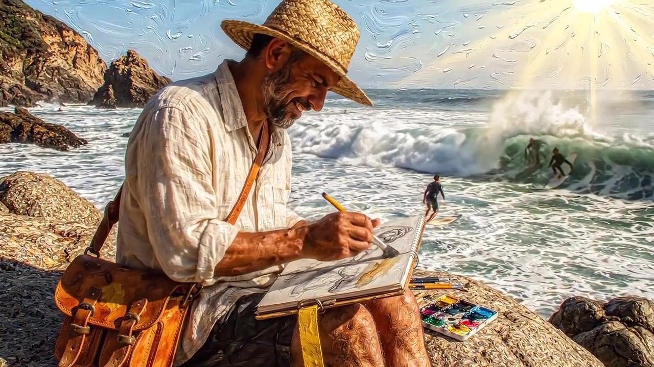 Un artista cattura la bellezza dell'oceano mentre le onde si infrangono sullo sfondo durante una giornata serena in spiaggia, disegnando con gli acquerelli