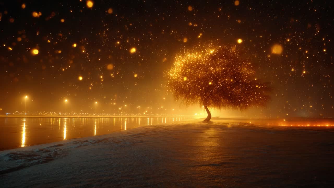 A Tranquil Night Scene Featuring a Glowing Tree Illuminated by Glimmering Lights and Reflections on Water, Evoking a Sense of Peace and Natural Beauty