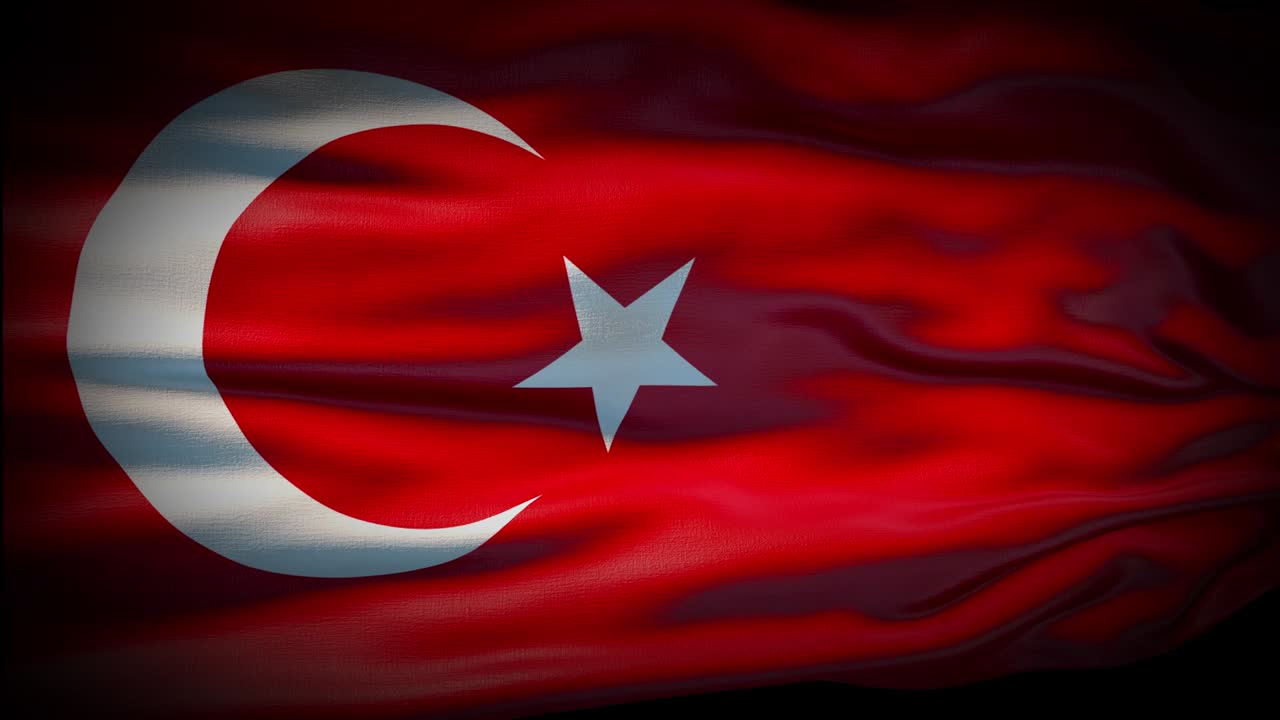 Animação da bandeira da Turquia tremulando em loop contínuo. Bandeira da Turquia tremulando ao vento. Bandeira nacional realista 4K da Turquia em close-up.