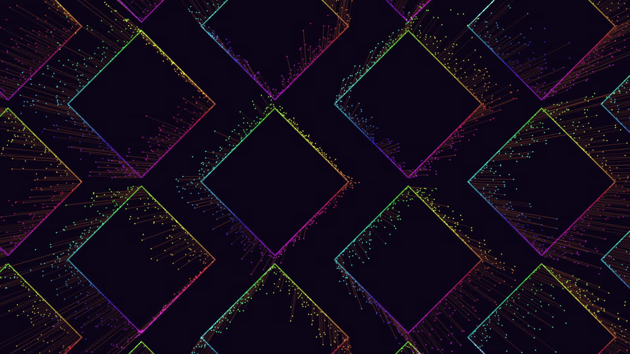 patrón de cuadrados de neón del arco iris con pequeños puntos y líneas de movimiento