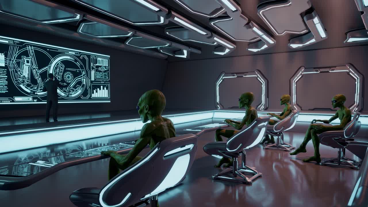 Futuristic classroom interior featuring holographic learning with alien students engaging in digital interfaces while a humanoid instructor presents advanced concepts in a spaceship setting
