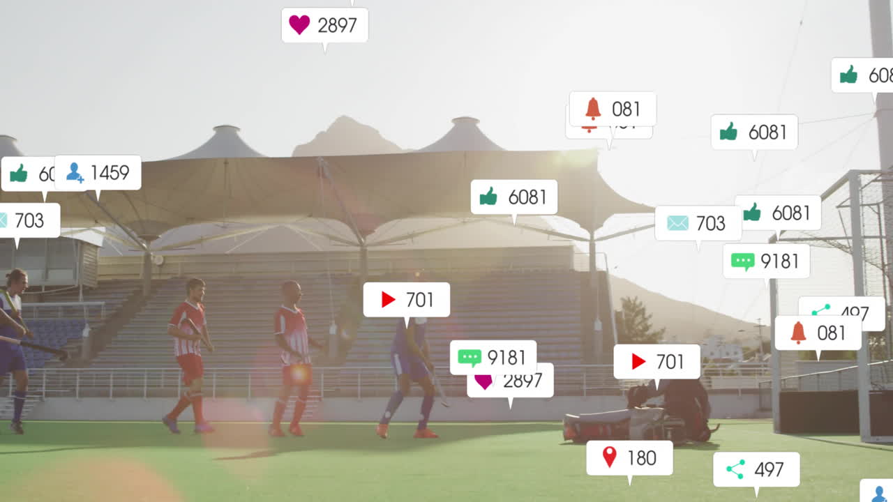 다양한 남성 하키 선수들이 빛에서 경기를 치르는 소셜 미디어 알림의 애니메이션