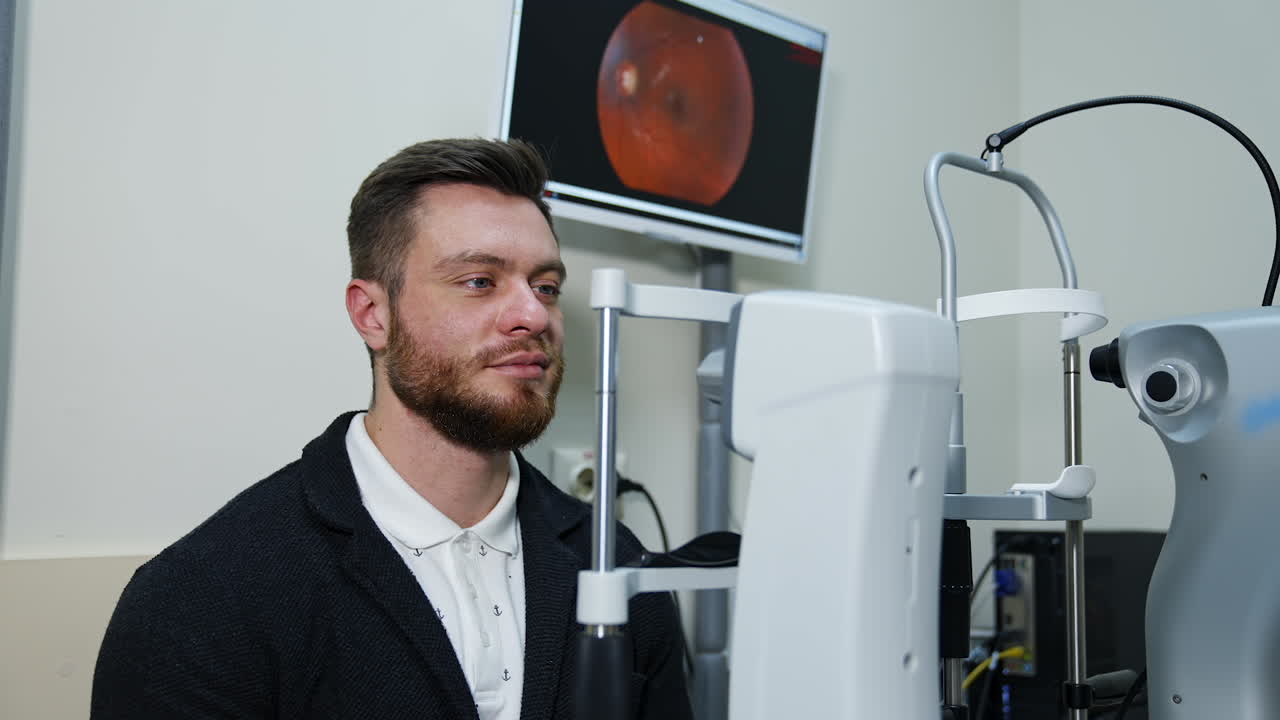 Male patient visits optician. Young bearded man testing his eyes in ophthalmologist office. Checking the eyesight for the patient.
