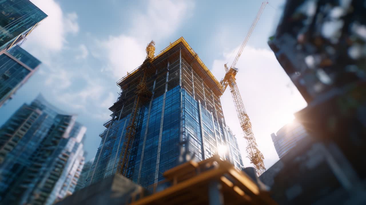 Una majestuosa obra con el armazón de un imponente rascacielos rodeada de arquitectura urbana moderna bajo un cielo azul claro y un sol deslumbrante.