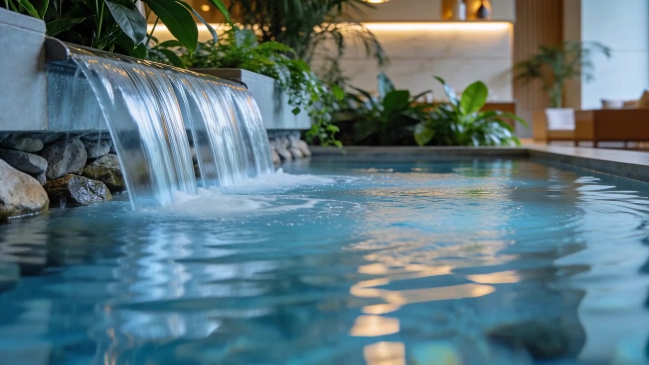Startende overløb spilder vandstrømme ud i en turkisblå pool ved et spa med planter, hvilket skaber en varm, rolig glød.
